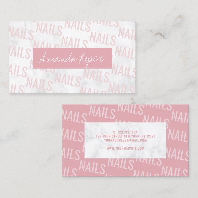 Modern pretty white marble & pink nails business card (Front/Back)