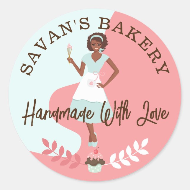 Modern Pretty Woman Sweet Bakery Made With Love Classic Round Sticker (Front)