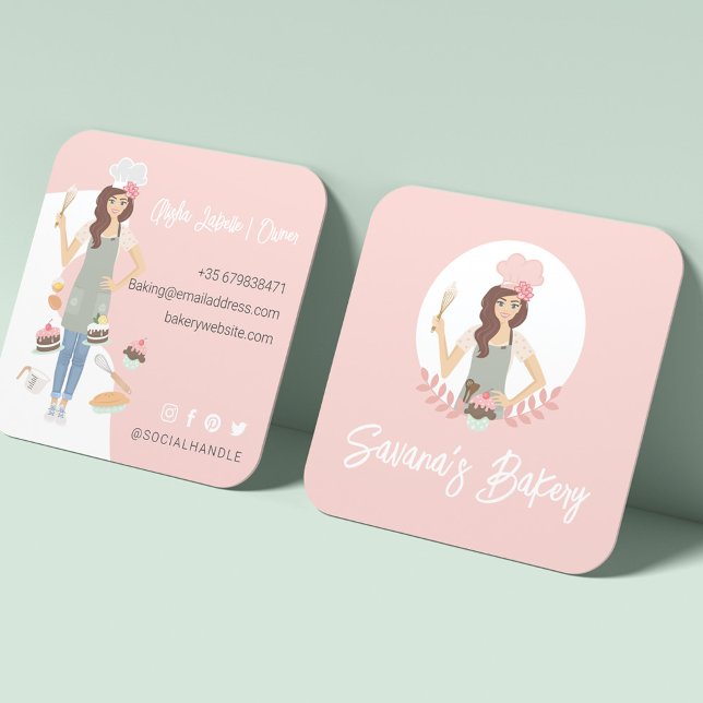Modern Pretty Woman Sweet Bakery Services Pink Square Business Card (Creator Uploaded)