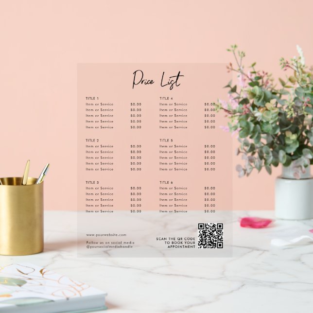 Modern Price List Menu QR Code Social Media  Acrylic Sign (Wedding)