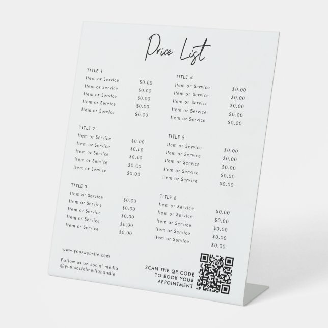 Modern Price List Menu QR Code Social Media   Pedestal Sign (Front)