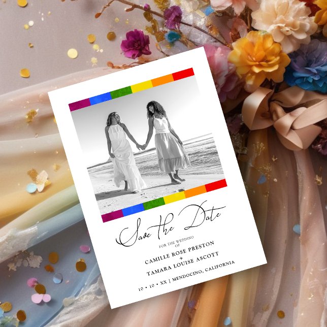 Modern Pride Rainbow Flag Lesbian Gay Wedding  Save The Date (Creator Uploaded)