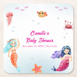 Modern Princess Mermaid Ocean Coral Baby Shower Square Paper Coaster