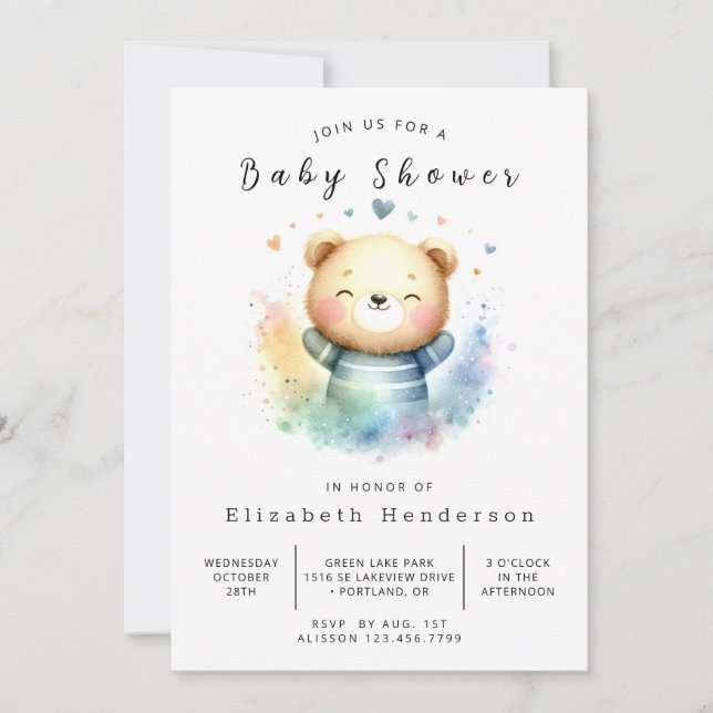 Modern Printable Bear Baby Shower Invitation (Front)