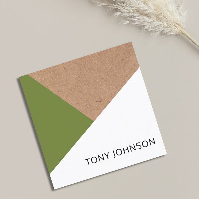 Modern Printed Kraft Olive Green White Geometric Square Business Card (Creator Uploaded)