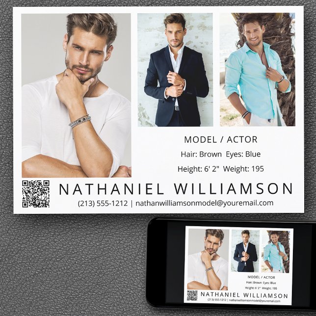 Modern Pro Model Actor 3 Photos QR Code Comp Card (Customize to change background color, text size, style or to add more photos to back of card.)
