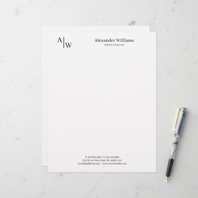 Modern Professional 2 Monogram Minimalist Black Custom Letterhead (Front/Back In Situ)