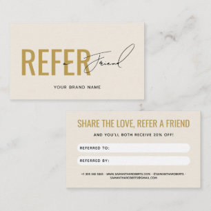 Modern professional beige gold refer a friend referral card