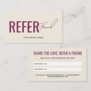 Modern professional beige red refer a friend  referral card