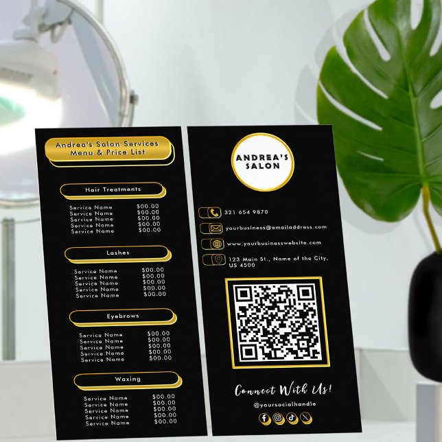 Modern Professional Black and Gold Salon Services Rack Card (Creator Uploaded)