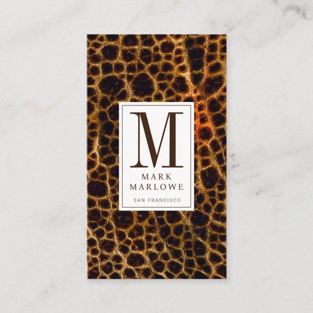 Modern Professional Brown Monogram Leather Effect Business Card (Front)