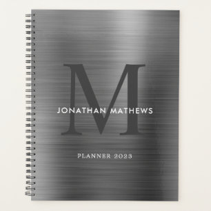 Modern Professional Brushed Metallic Grey Monogram Planner