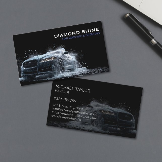 Modern Professional Car Detailing Washing Cleaning Business Card (modern luxury black sports car in the splash of water and soap foam for car detailing business)