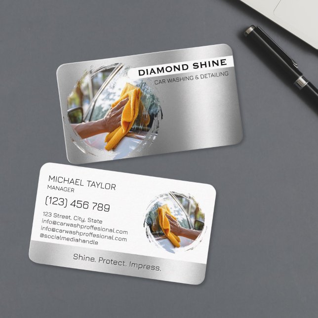 Modern Professional Car Detailing Washing Cleaning Business Card (car detailing photo on the silver metal background)
