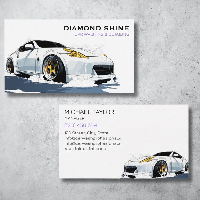 Modern Professional Car Detailing Washing Cleaning Business Card (modern white sports car with water splash)