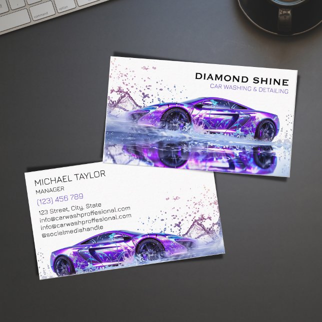 Modern Professional Car Detailing Washing Cleaning Business Card (modern sports car wash)