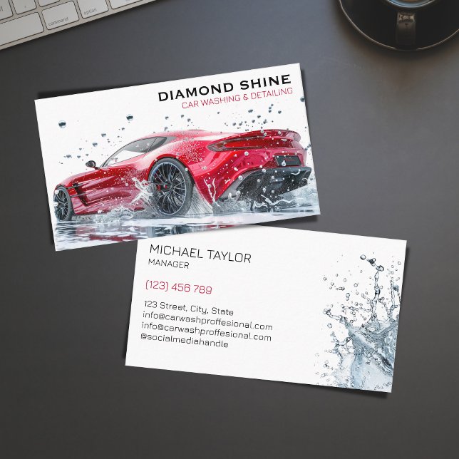 Modern Professional Car Detailing Washing Cleaning Business Card (modern red sports car wash)