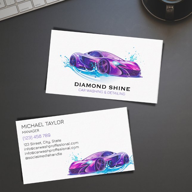 Modern Professional Car Detailing Washing Cleaning Business Card (modern purple sports  car)