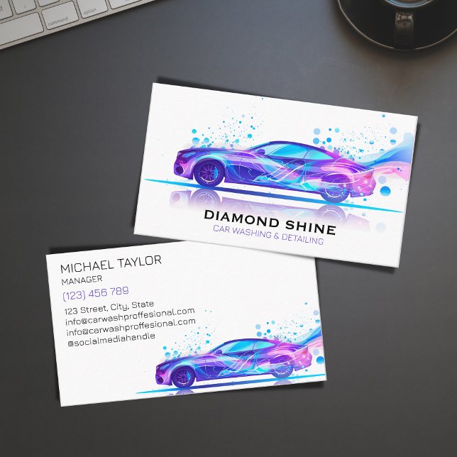 Modern Professional Car Wash Auto Detailing Business Card (modern sports purple holograph car)