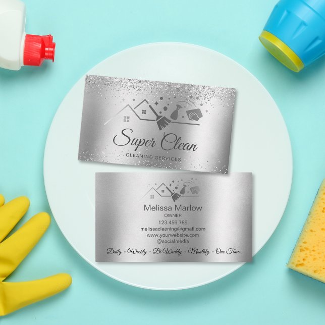 Modern Professional Commercial Cleaning House Business Card (cleaning services logo, silver color with glitter)