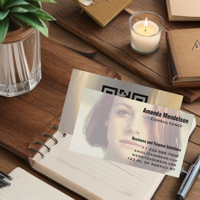 Modern professional contemporary photo QR overlay  Business Card (Personal professional full photo overlay business card with QR code on the back)