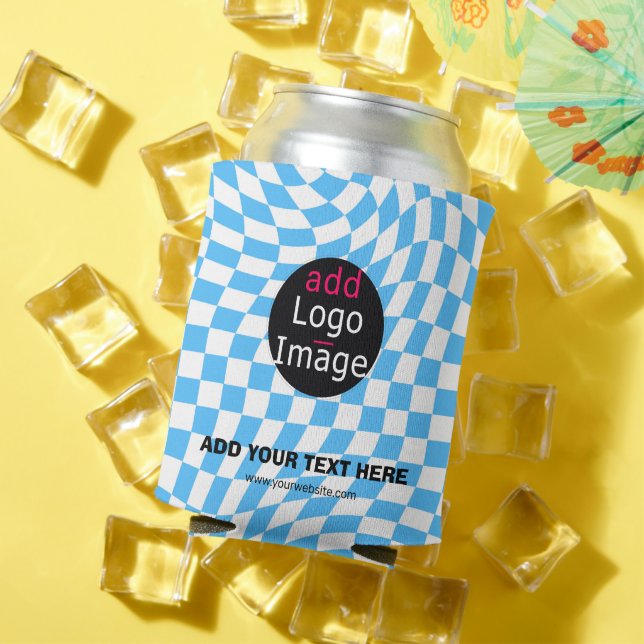 Modern Professional Custom Business Chequered Blue Can Cooler (In Situ Summer)