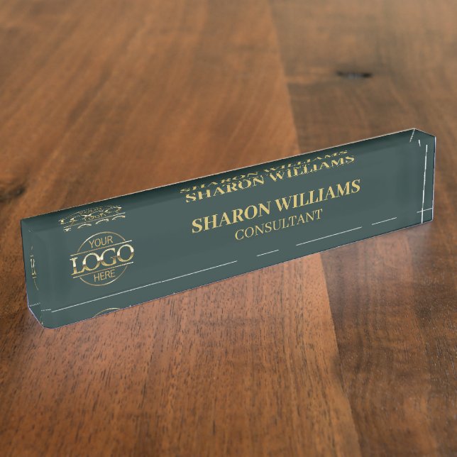 Modern Professional Dark Green Gold Office Title Nameplate (Side)
