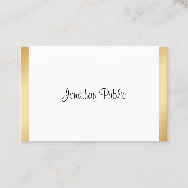 Modern Professional Elegant Handwritten Gold White Business Card (Front)