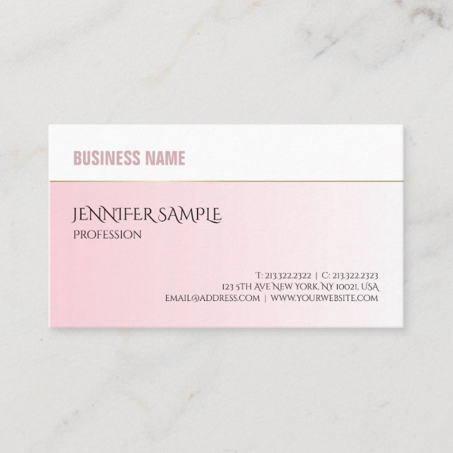 Modern Professional Elegant Pink White Gold Simple Business Card (Front)
