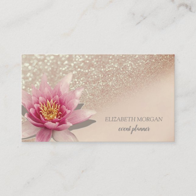 Modern Professional Glitter Bokeh Watercolor Lotus Business Card (Front)