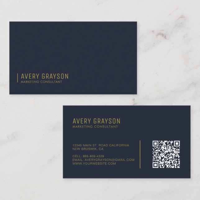 Modern Professional Gold Navy Blue QR Code Business Card (Front/Back)