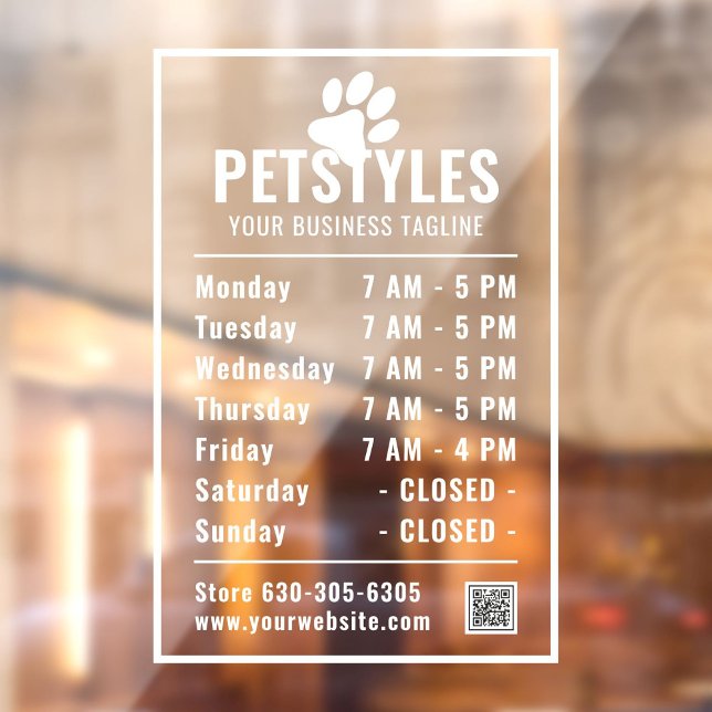 Modern Professional Logo Opening Hours White (White modern professional logo, company name, opening times, qr code, phone number window decal.)