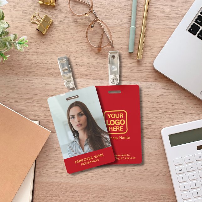 Modern Professional Logo Red Gold Employee Photo ID Badge (Creator Uploaded)