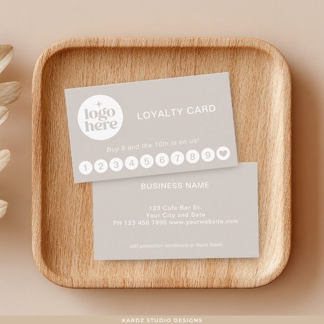 Modern Professional Logo Taupe Loyalty Card (Customize loyalty card with logo, contact info and promotion details.)