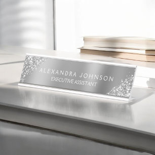 Modern Professional Luxury Silver Sparkle Glitter Desk Name Plate