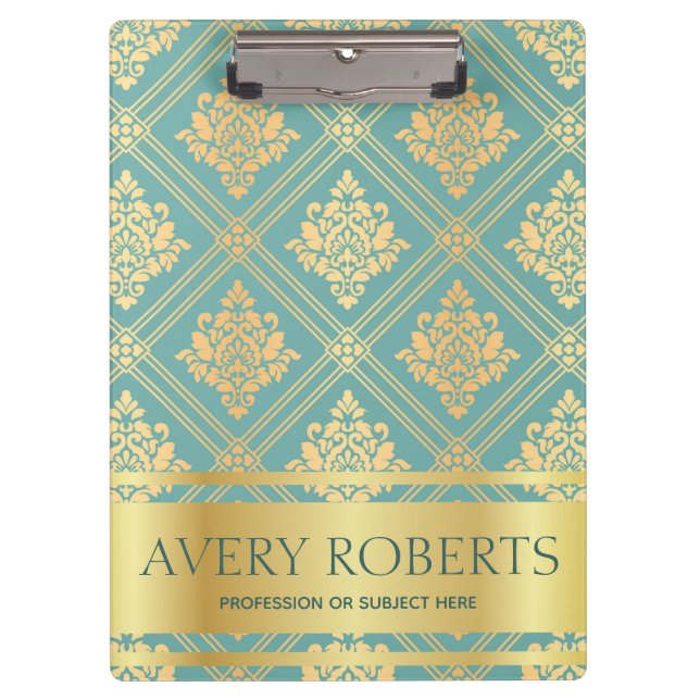 Modern Professional Metallic Floral cyan gold Clipboard (Front)