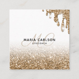 Modern Professional Monogram Glittering gold drips Square Business Card