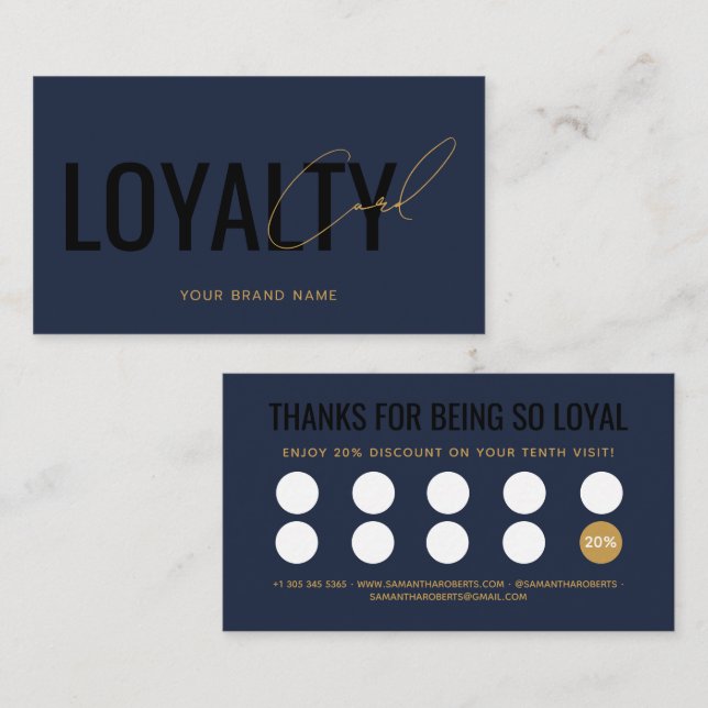Modern professional navy blue customer loyalty card (Front/Back)