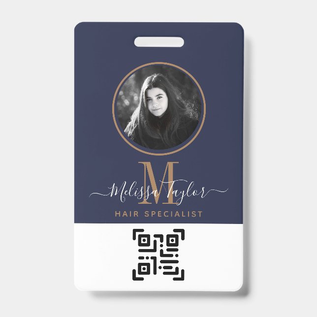 Modern Professional Navy Blue Gold Signature ID Badge (Front)