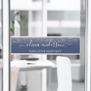 Modern Professional Navy Blue Silver Glitter Door Sign