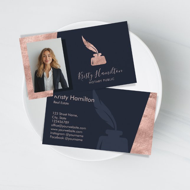 Modern Professional Navy Rose Gold Notary Public Business Card (rose gold notary logo)