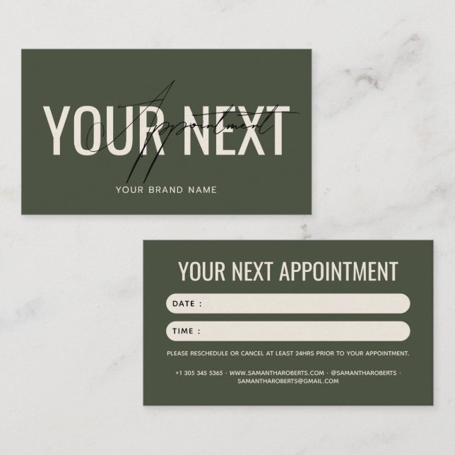 Modern professional olive green your next appointment card (Front/Back)