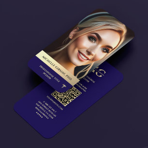 Modern Professional Photo Dark Blue Faux Gol Business Card