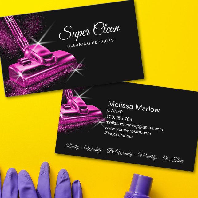 Modern Professional Pink House Cleaning Service Business Card (pink girly cleaning services business card)
