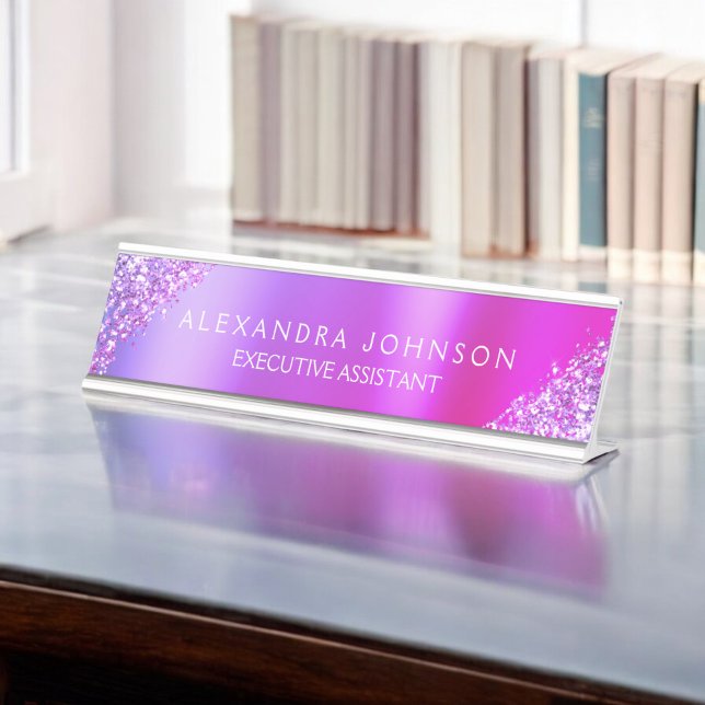 Modern Professional Pink Purple Sparkle Glitter Desk Name Plate (Creator Uploaded)
