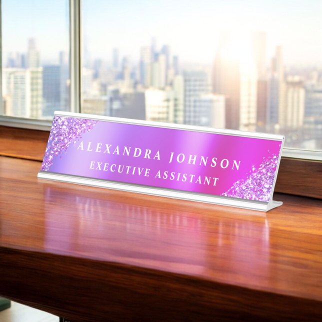 Modern Professional Pink Purple Sparkle Glitter Desk Name Plate (Creator Uploaded)