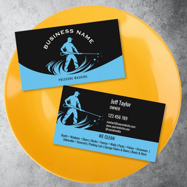 Modern Professional Pressure Washing Power  Roof Business Card (light blue pressure washing man in a water wave )