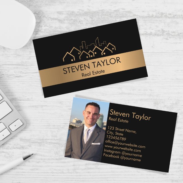 modern professional real estate realtor add photo business card (gold house roof city skyline)