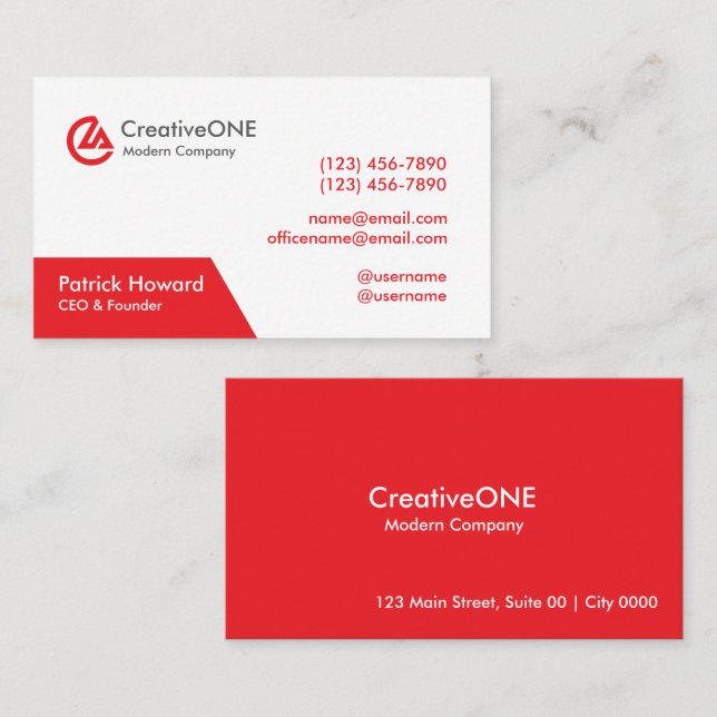 Modern Professional Red White CreativeONE Bold Business Card (Front/Back)
