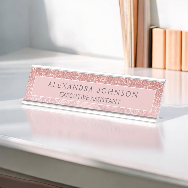 Modern Professional Rose Gold Glitter Marble Desk Name Plate (Creator Uploaded)